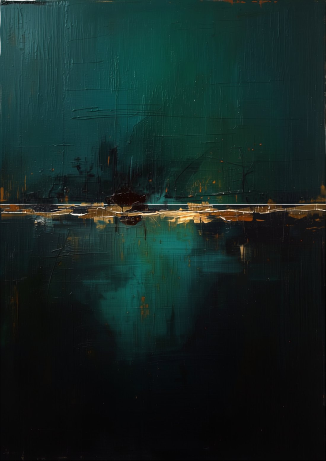 Abstract painting in petrol, aquamarine and gold